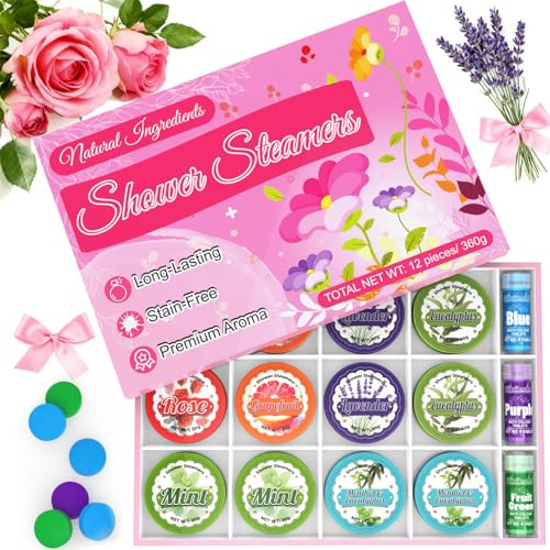 Shower Gifts for Women - 12 Pcs Shower Aromatherapy with 24 Bath Colour Tablets, Self Care Gifts for Women with Natural Essential Oils, Stress Relief Presents for Bathroom Relaxing