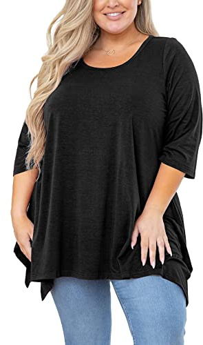 AusLook Plus Size Shirts for Women 3/4 Sleeve Black 3X Blouses Crewneck Clothes Tunic Flowy Clothing Loose Fit Babydoll Summer Fall Winter Maternity Tops Wear with Leggings