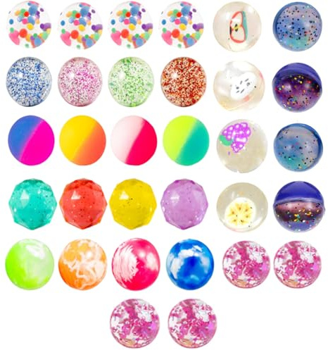 WSDFTQ 32 PCS Bouncy Balls for Kids, Bouncy Balls for Kids Party Bags, Bouncy Ball, Mixed Designs with Random Colors, Hand-Eye Coordination Toys, Party and Classroom Rewards