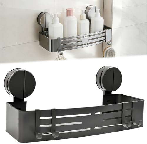 Vijixka Mensola da Bagno con Ventosa,Portaoggetti Doccia con Ventosa in Alluminio,Portasapone da Bagno Senza Forare,Cestino per Doccia da Parete con 4 Ganci per Sapone Bagnoschiuma Shampoo