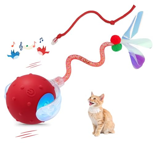 Interactive Cat Ball Toy, Chirping Motion Activated Electric Rechargeable Cat Toy with 2 Replaceable Tails, Self Play Hunting Rolling Indoor Cat Toys for Bored Adult Cats & Kittens - Boredom Busters