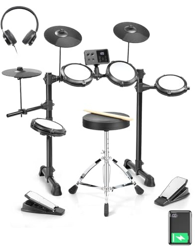 LALAHO Electric Drum Kit, Electronic Drum Kit with USB MIDI, Type-C Charging, Built-in Metronome, Record & Headphone Mode, Sticks, Stool, 150 Sounds, 64 Polyphony,10 Demos & 10 Kits for Beginner