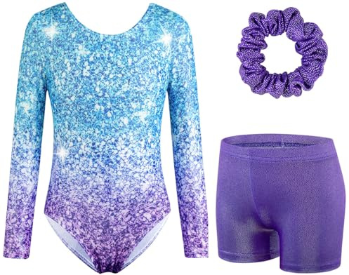 XiaoMoSha Girls Three-Piece Gymnastics Leotards Set Long Sleeve Leotards with Shorts and Hairband Sparkly Ballet Dance Unitards Gradient Color Design Gymnastics Outfits for Kids 3-12 Years