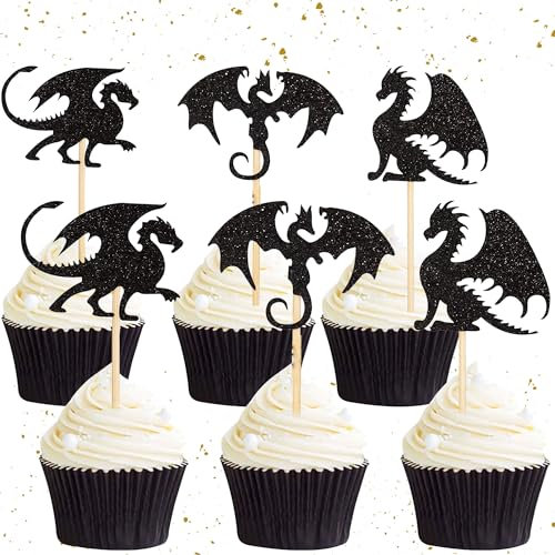 JeVenis 24 PCS Drachen Cupcake Topper Drachenkuchen Dekoration Drachen Ritter Geburtstag Märchen Cupcake Topper Drachen Geburtstag Drachen Party Picks