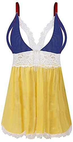 EVELIFE Kvinnor sexig plusstorlek babydoll klänning spets babydoll underkläder linne nattkläder underkläder set med G-string, Blå + gul, XXL