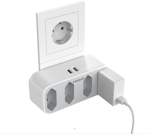 TESSAN Enchufe Pared Europeo con 4 Tomas Planos y 2 Puerto USB, 4 Salidas Adaptador Enchufe, Ladron Compatible con Phone, Cargador USB Pared para el Hogar, Oficina, Blanco