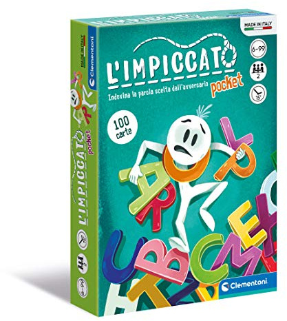 Clementoni - L'Impiccato Versione Tascabile, Mazzo di 100 Carte, per Bambini 6+ Anni e Adulti, Gioco da Tavolo in Formato da Viaggio, 2 Giocatori, Idea Regalo, Made in Italy, Lingua Italiana, 16297