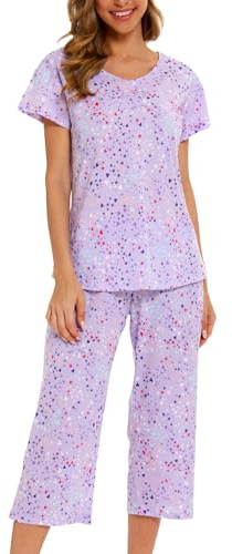 ENJOYNIGHT Womens Pyjama Sets Cotton Pjs Short Sleeve Capri Pants Nightwear | Summer Loungewear, Soft Lightweight Cotton Fabric, Stylish V-Neck, Cute Print, Loose Casual Fit
