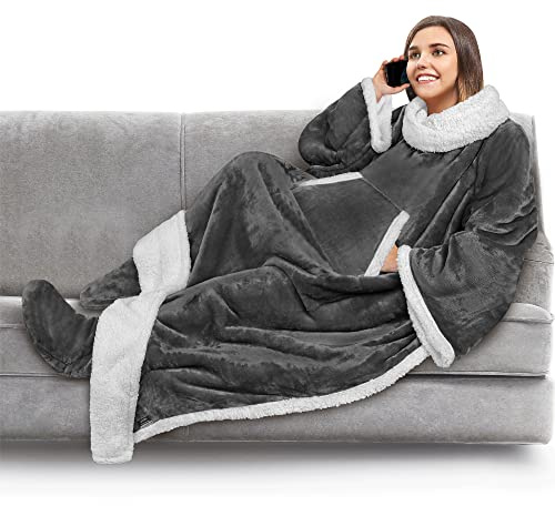 PAVILIA Manta polar con mangas y bolsillos para los pies para adultos, manta de peluche, vestido cálido y acogedor, regalo cómodo para esposa, mamá, gris oscuro