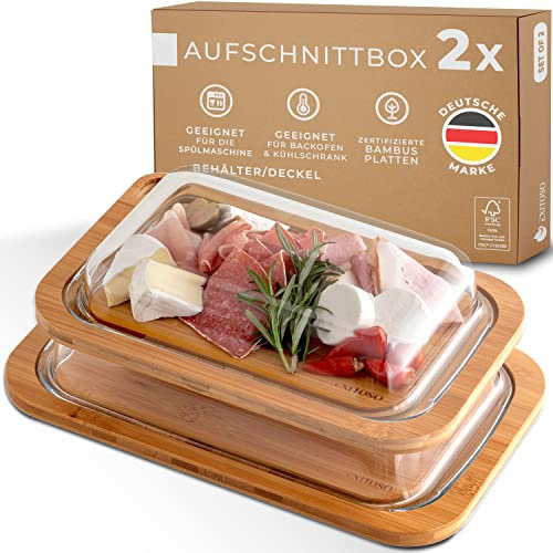 Exitoso Servierbrett Holz Aufschnittboxen für Kühlschrank Glas 2er Set Stapelbar - Käseglocke Wurstbox Frischhaltedosen Käse Aufbewahrung Wurstdose - Frischhaltebox