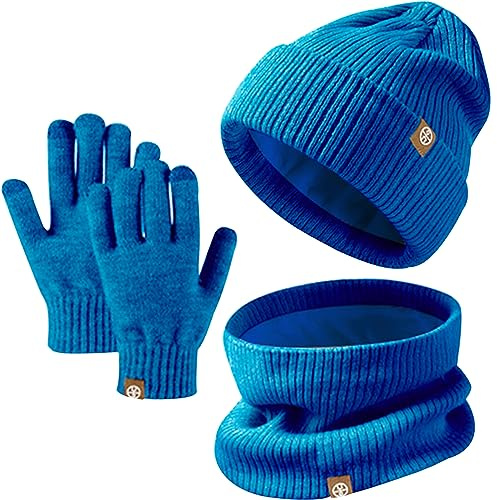 Enwokran Bambini Beanie Set di Guanti Sciarpa Cappello, 3 Pezzi Invernale Termico Berretto Caldo Scaldacollo Touch Screen Guanti per Ragazzo Ragazza 5-12 Anni Attività All'aperto (Blu)