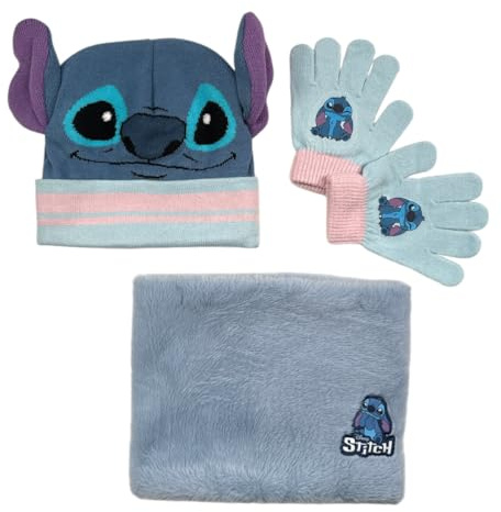 Ensemble Bonnet Gants cache cou Stitch Disney (snood ou tour de cou double a l'interieur) (Set gants bonnet avec tour de cou Stitch - D)