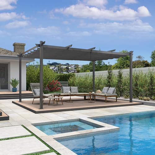 PURPLE LEAF Gazebo Pergola 3,5 x 4,8 M Alluminio Pergolato da Giardino con Tetto ha Scomparsa Per Giardino Pergolati Terrazzo e Attività Commerciale, Grigio chiaro