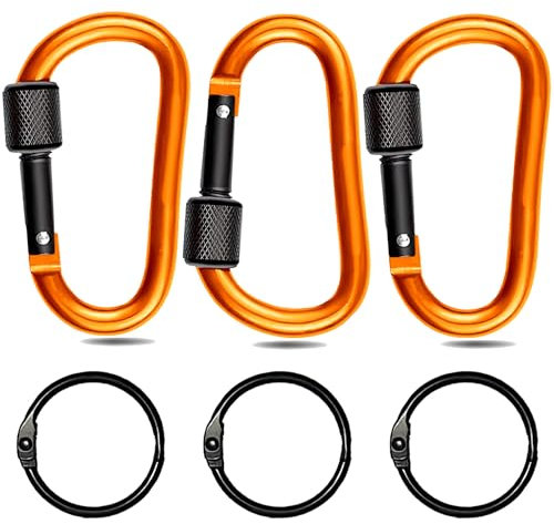 3Pcs Carabiner Clip, Locking Carabiner with Screw Gate D Ring Keyring for Backpacks Keychains Keyring Outdoor Activities Traveling (Orange)
