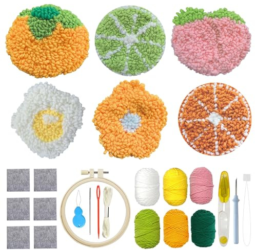 Allzone Punch Needle Broderi Startpaket, 6 st Broderi Coasters Kit med Nål, Komplett Kit för Enkel Casual Vuxen Nybörjare, Ägg, Blommönster (6 st Underlägg)