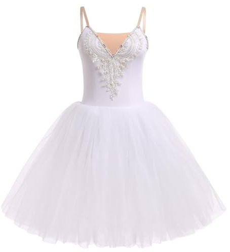 IDOPIP Women's Ballet Tutu Skirt Embroidery Lace Sparkling Sequins Swan Lake Costume Sleeveless Leotard Dance Dress White S