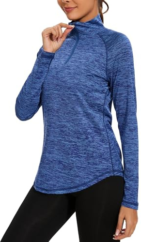 iClosam Maglia Trekking Donna Maniche Lunghe Maglia Tecnica Traspirante Maglietta Sportiva con Mezza Zip Maglietta Running Leggera Magliette Palestra Blu Scuro M