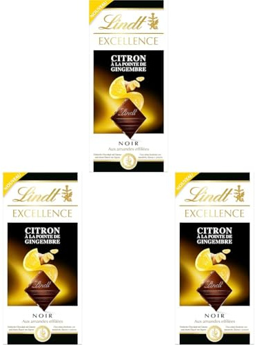 Lindt - Tablette Citron Pointe de Gingembre EXCELLENCE - Chocolat Noir - 100g (Lot de 3)