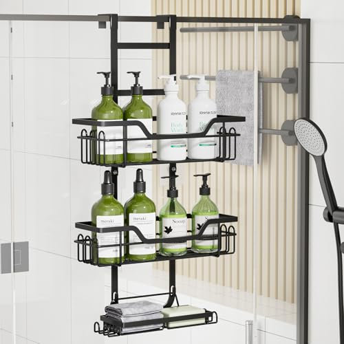 LUCUHM 3-tier Shower Caddy Hanging – Black Over Door Bathroom Storage Shelves No Drilling – Stick on Adhesive Shower Organiser Caddy with Hooks – Shower Tidy Rack Accessories Shampoo Gel Black