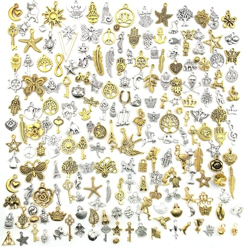 JSTHHTT 200pcs Charms Pendants for Jewellery Making, Mixed Gold and Silver Charms Set, Bracelet Necklace Earrings DIY Small Jewlery Accessories, for Necklaces, Bracelets (Gold and Silver)