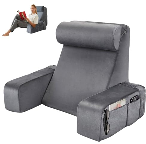 Bekasa Reading Pillow for Sitting in Bed, Memory Foam Rest Back Pillow for Sitting with Neck Roll, Armrest Back Cushion Read Rest Pillows for Watching TV, Gaming, Large 19 Inch (Grey)