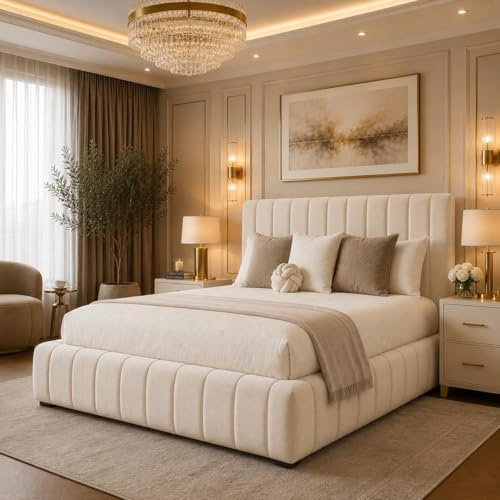 S&W DECORE 4FT6 Double Bed Frame With Headboard And Mattress Upholstered In Plush Velvet Cream Bed Wooden Slats - No Storage (Cream Plush, 4FT6 Double With Mattress)