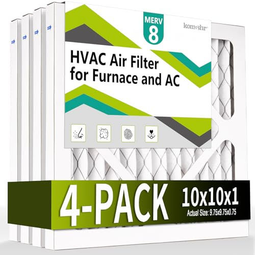 Komashr 10x10x1 Air Filter MERV 8 (4-Pack), HVAC/Furnace AC Filter Replacement, Dust Defense–Comparable with MPR 600 & FPR 5 (Actual 9.75x9.75x0.75)