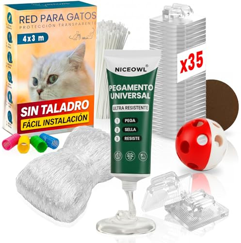 Kit De Fijación Extrafuerte 35 Uds + Red Para Gatos 4x3m | Todo Incluido | 35 Ganchos + 50ml Pegamento Extrafuerte | Red Para Gatos 4x3m | Resistente a la intemperie | Regalo Incluido