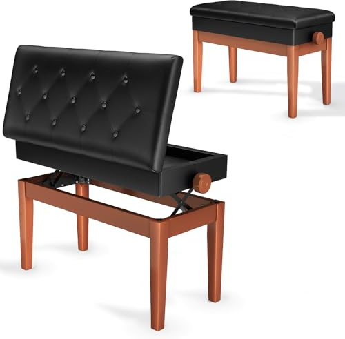 Clevich Tabouret de Piano réglable en Hauteur 48-58 cm, Banc de Piano Double, avec Espace de Rangement, Banquette Piano avec Coussin en Cuir PU, Charge maximale : 200 kg, Couleur Bois