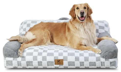 KSIIA Grand Canapé Panier Chien Dehoussable Lavable 104x69 cm, Lit pour Chien Orthopédique, Panier Chat Moelleux Confortable, Base Antidérapante, Canapé pour Chien avec Accoudoirs et Dossier, Gris
