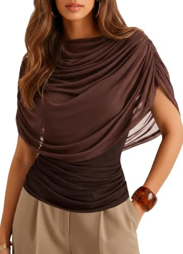 HAWILAND Women Ruched Mesh Short Sleeve Blouse Shirt Boat Neck Draped Front Tank Top Brown Medium