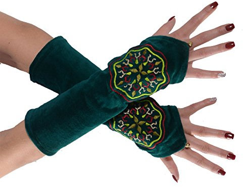 Kunst und Magie Samt Armstulpen Stulpen Handwärmer 'Mandala Muster' Handschuhe, Farbe:Petrol