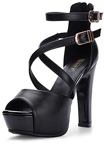 IDIFU Women's IN5 Charcy Crisscross Strappy Platform High Chunky Heels Peep Toe Pump Party Heeled Sandals(8 M US, Black Pu)