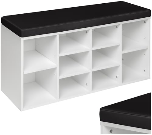 tectake® Schuhschrank mit Sitzbank, Schuhregal, Sitzbank mit Stauraum für 10 Paar Schuhe, Garderobe, Garderobenschrank, Schuhbank mit Sitzfläche, Sitzkissen Bank, Kommode Flur - schwarz/weiß