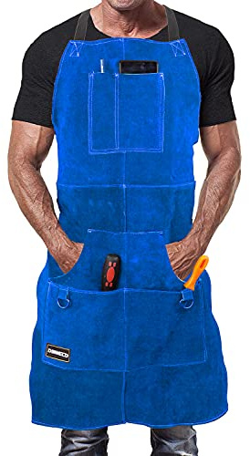 DIMWELD Tablier de Soudeur en Cuir Ignifugé, 6 Poches à Outils, Bleu