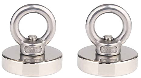 JAKAGO 75 LBS(34 KG) Pulling Forces Strong Permanent Rare Earth Magnets,Powerful Round Neodymium Magnetic Hooks with Eyebolt for Kitchen Bedroom Magnetic Fishing and Hang Items(2 Pieces)