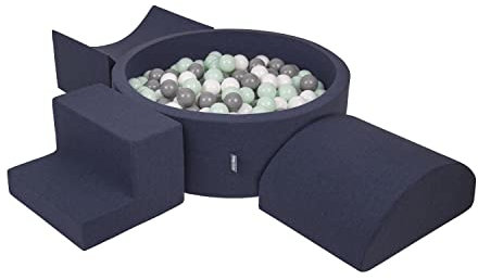 KiddyMoon Spielplatz Aus Schaumstoff Mit Rund Bällebad (300 Bälle) Ballgruben Für Babys Spielbad Hindernisläufen, Hergestellt In Der EU, Dunkelblau:Weiß/Grau/Minze