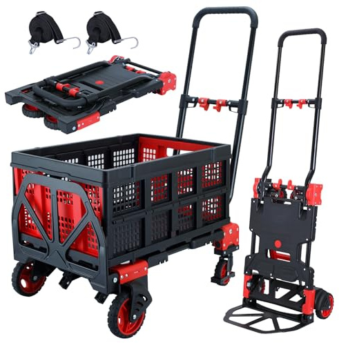 2 in 1 Folding Hand Truck Dolly with Basket,330LBS Capacity Hand Cart Foldable,Hand Truck Foldable with Retractable Handle,Folding Dolly Cart with Wheels for Moving