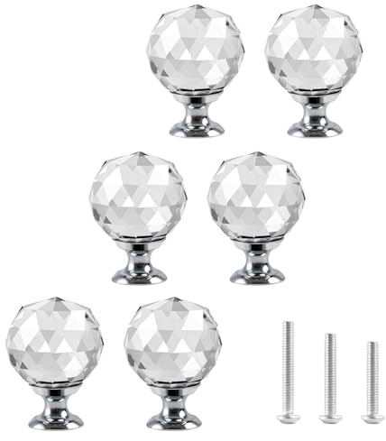OctinPris 6pcs Clear Crystal Glass Door Knobs Round Diamond Wardrobe Doorknob Ball-Shape Drawer Wardrobe Pull Knob Diamond Shaped Handles for Cupboard Cabinet Dresser in Bathroom Kitchen Office ect