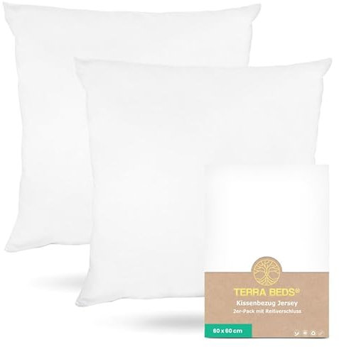 Terra Beds Kissenbezug 60x60 (Set mit 2) - 100% Baumwolle Jersey 160 g/m², Oeko-Tex Zertifiziert - Kopfkissenbezug für Kissen 60x60 mit Reißverschluss, dehnbarem weich und atmungsaktiv - (Weiß)