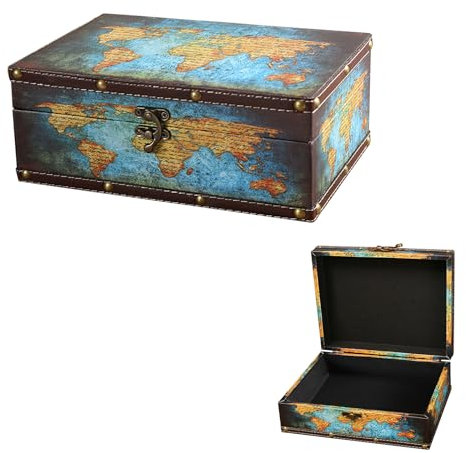 LIKEUDO Wooden Decorative Jewelry Storage Box with Map Pattern Treasure Chest PU Cover(23cm*16.5cm*9.5cm)
