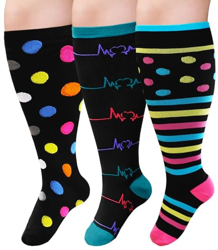 ZFSOCK Calze Compressione Graduata Donna Uomo: Calzini Taglie Forti Obesi Polpaccio Oversize Gambaletti 20-30mmHg per Vene Varicose Circolazione Gravidanza Running Ciclismo Taglia 3XL Colorato 3 Paia