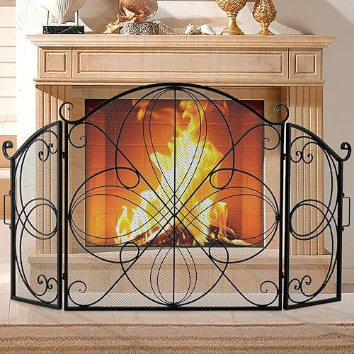 GiantexUK 3-Panel Folding Fire Guard, 151 x 83cm Heavy Duty Metal Mesh Fireplace Screen, Decorative Freestanding Spark Guard Safety Barrier for Child Baby Pet Open Fire, Black