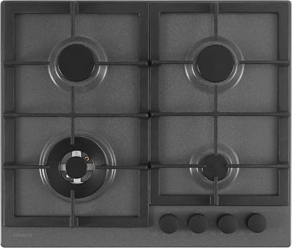SCHOCK | Placa de cocción de 4 fuegos de gas profesional PC60 con asas negras mate Soft Touch, rejillas de hierro fundido, válvulas de seguridad, asfalto, 585 x 500 mm