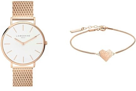 Liebeskind Damen Analog Quarzuhr 38 mm & Damen Armband Herz Edelstahl Silber 20 cm (roségold)