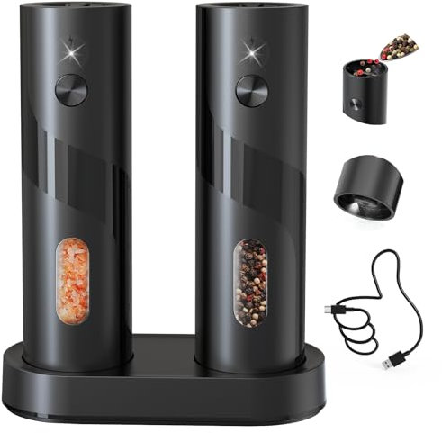 CIRCLE JOY Rechargeable Electric Salt and Pepper Grinder Set Automatic Pepper Mill Grinders with Charging Base, Adjustable Coarseness, 110ml Capacity and White LED Light, Black