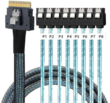 NFHK SlimSAS Host/RAID to SATA Target Cable,Slim SAS 4.0 SFF-8654 8i 74Pin 1 to 8 SATA 7Pin Raid Controller/Hard Drive Cable 1.64FT/0.5M