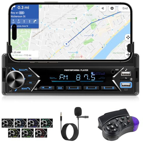 Autoradio 1 Din con Bluetooth - Autoradio Bluetooth con Supporto per Telefono Cellulare - Chiamate in Vivavoce, radio FM, Porta USB/TF/AUX + Controllo del Volante + Microfono