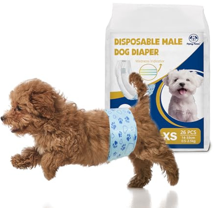 Flying Paws 26 Couches Jetables pour Chien Mâle XS, Indicateur d'Humidité Culottes Hygéniques Super Absorbantes, Bandes Ventrales Anti-Fuites