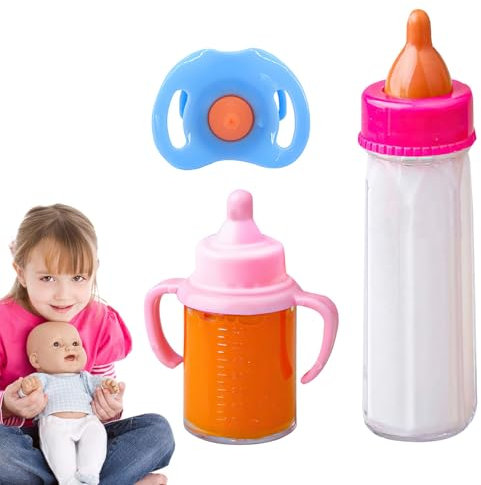 Huehkir Puppenflaschen-Set,3 Stück sichere magische Puppen-Milchflaschen - Verschwindende Milch- und Saftflaschen, Puppen-Fütterungsspielzeug-Set mit Schnuller